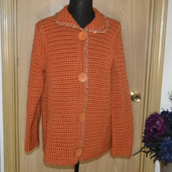 Orange Handmade Heavy Knit Chunky Cozy Cottage-core Granny Fall Cardigan - Picture 1 of 6